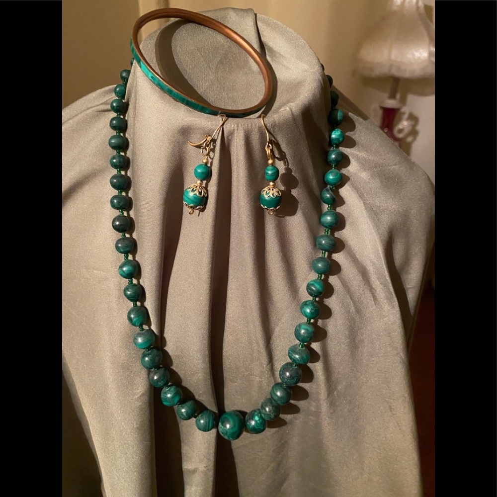 Natural Malachite Beaded Necklace, Earrings & Bracelet SET!